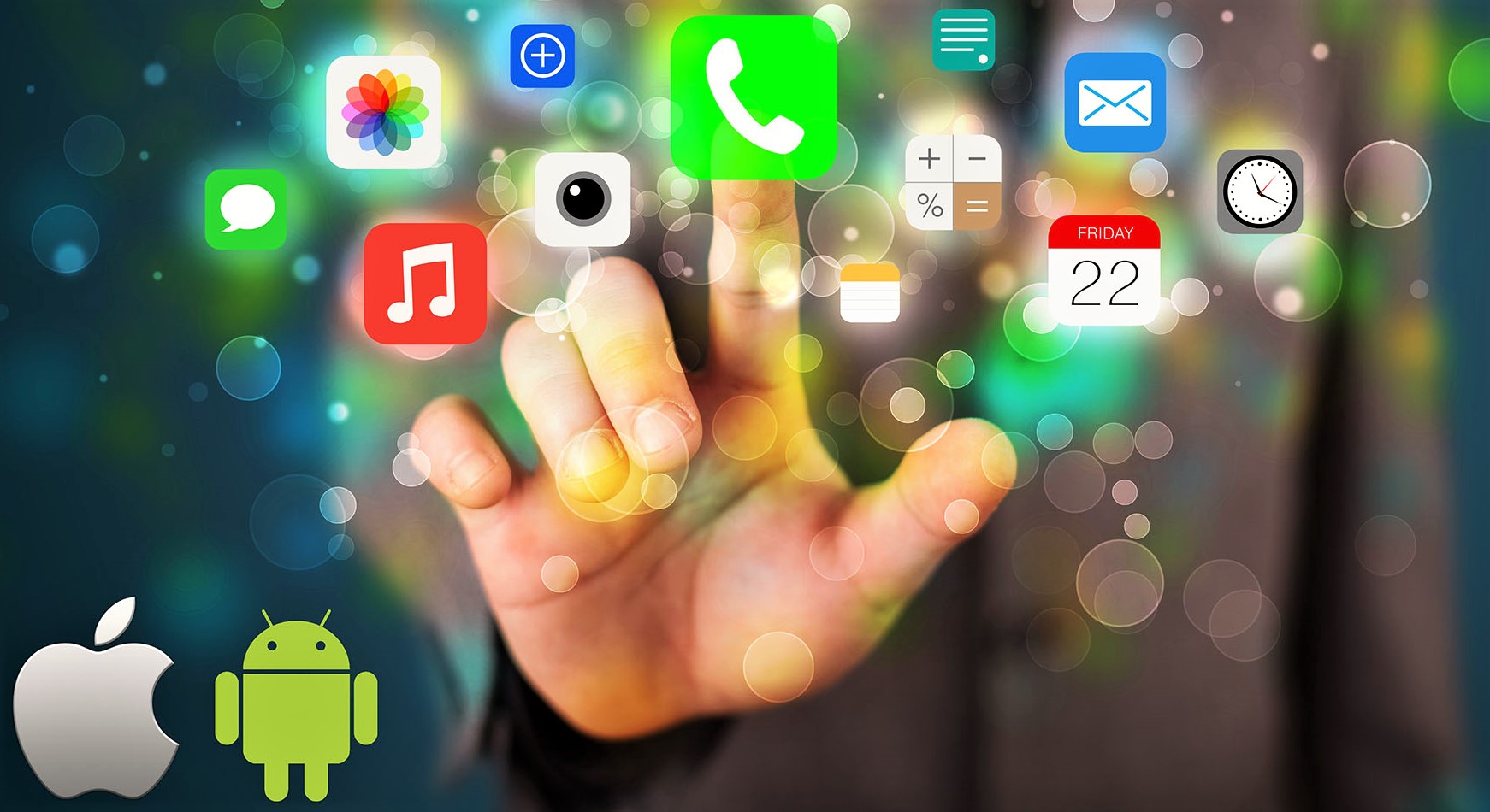 Businessman pressing colorful mobile app icons with bokeh background